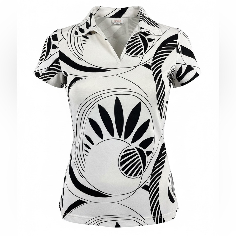 IZOD XFG Cool FX Womens Polo Shirt‎ Small Black White Abstract Print Golf Top